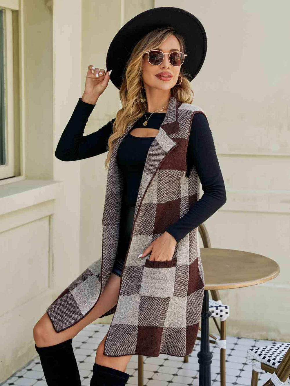 Plaid Lapel Collar Sleeveless Cardigan - Trendsi - Flyclothing LLC