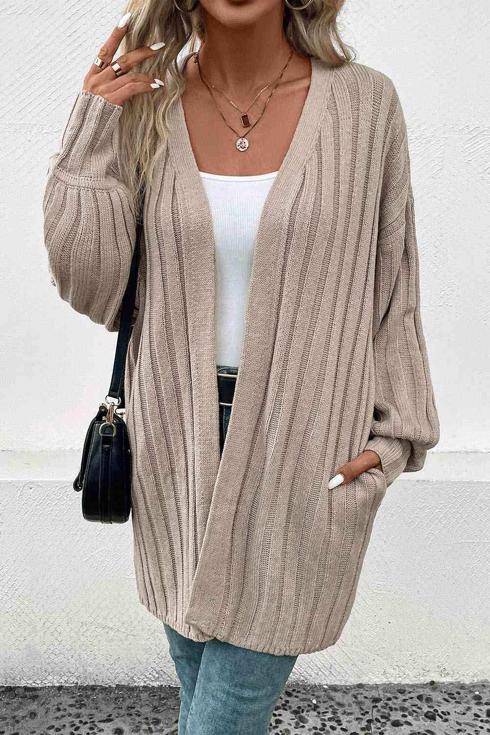 Open Front Cardigan with Pockets - Trendsi - Flyclothing LLC