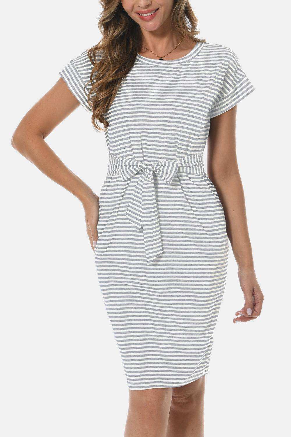 Tie Front Round Neck Short Sleeve Dress - Trendsi - Flyclothing LLC
