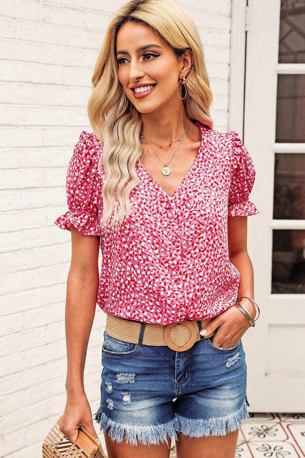 Printed Flounce Sleeve Plunge Blouse - Trendsi - Flyclothing LLC