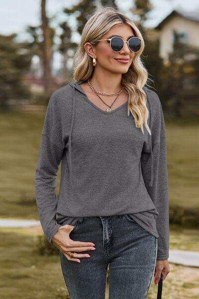 Drawstring Dropped Shoulder Hooded T-Shirt - Trendsi - Flyclothing LLC