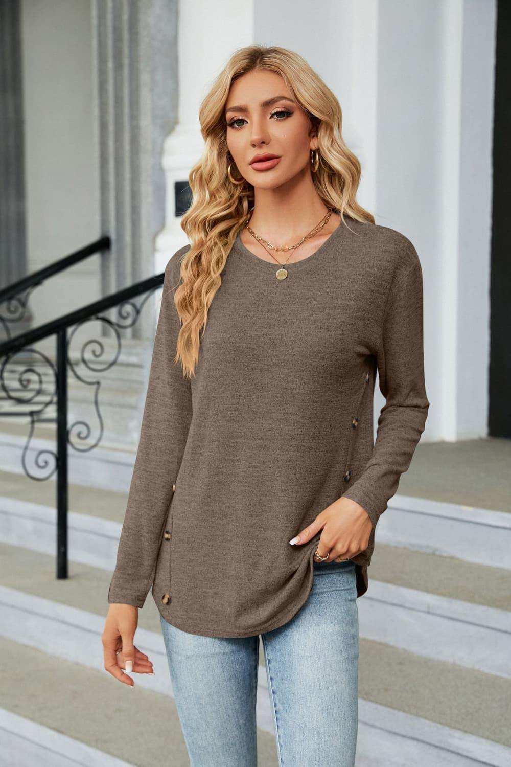 Round Neck Long Sleeve T-Shirt - Trendsi - Flyclothing LLC