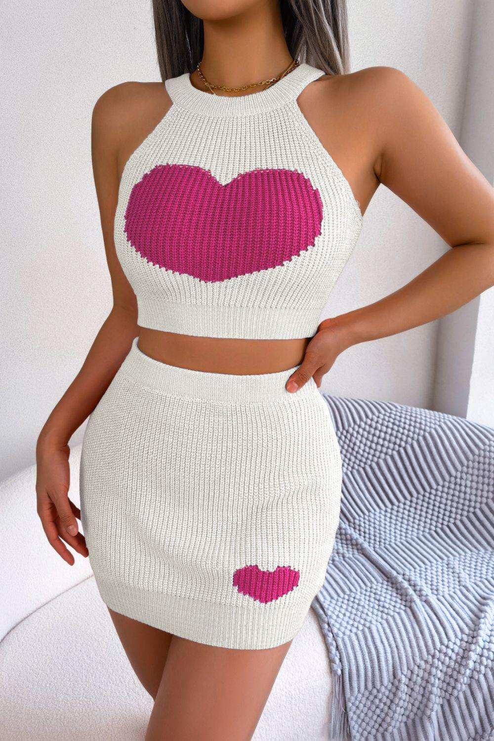 Heart Contrast Ribbed Sleeveless Knit Top and Skirt Set - Trendsi - Flyclothing LLC