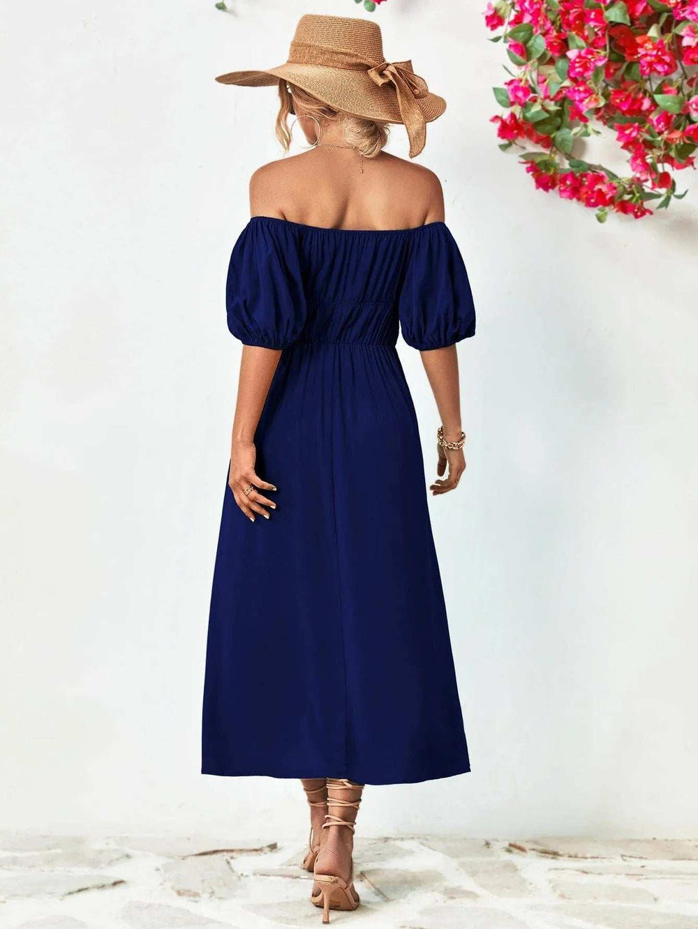 Off-Shoulder Balloon Sleeve Midi Dress - Trendsi - Flyclothing LLC