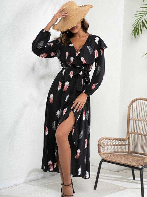 Printed Tie Front Ruffle Trim Long Sleeve Dress - Trendsi - Flyclothing LLC