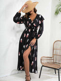 Printed Tie Front Ruffle Trim Long Sleeve Dress - Trendsi - Flyclothing LLC