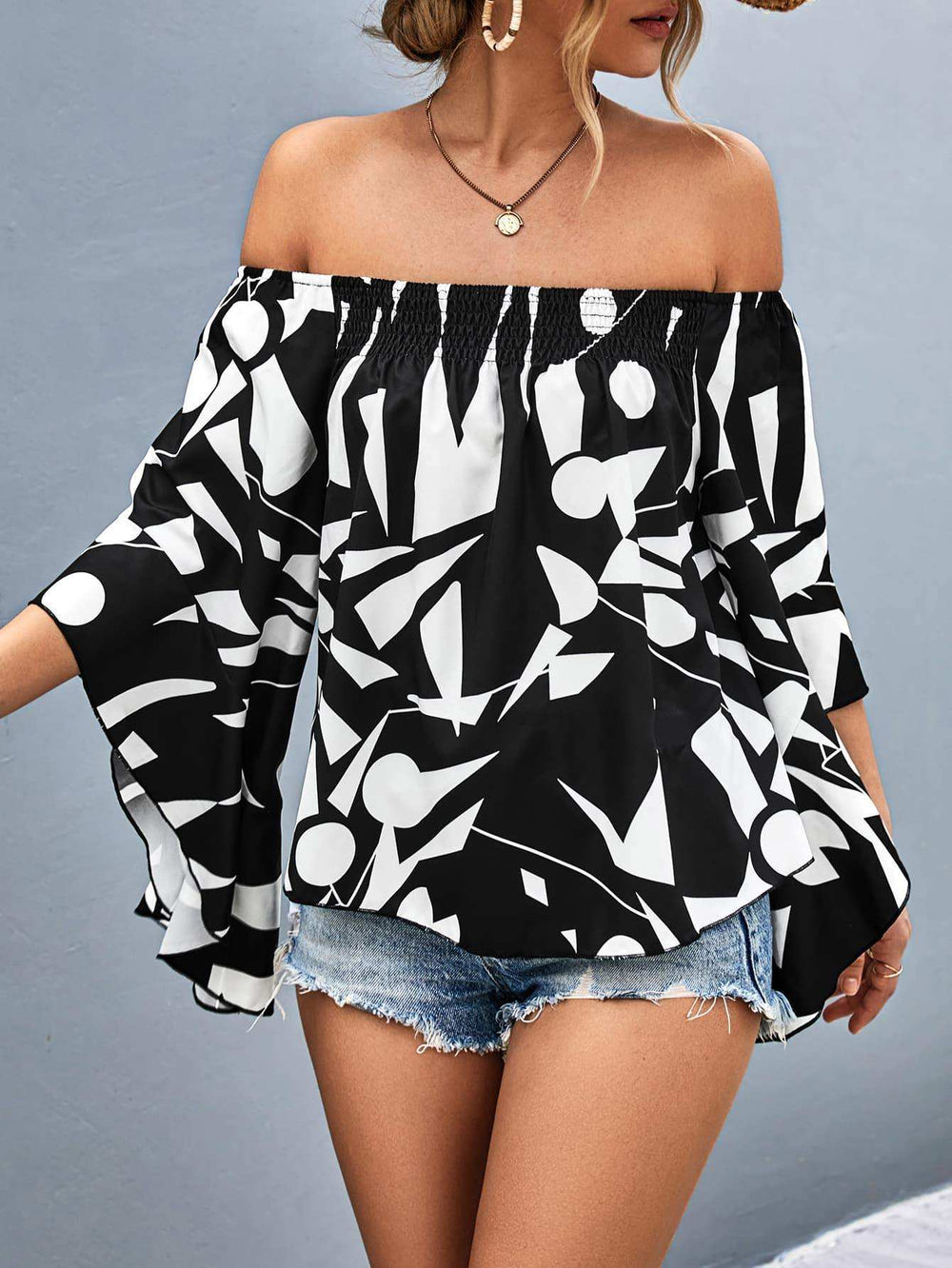 Printed Off-Shoulder Bell Sleeve Blouse - Trendsi - Flyclothing LLC