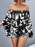 Printed Off-Shoulder Bell Sleeve Blouse - Trendsi - Flyclothing LLC