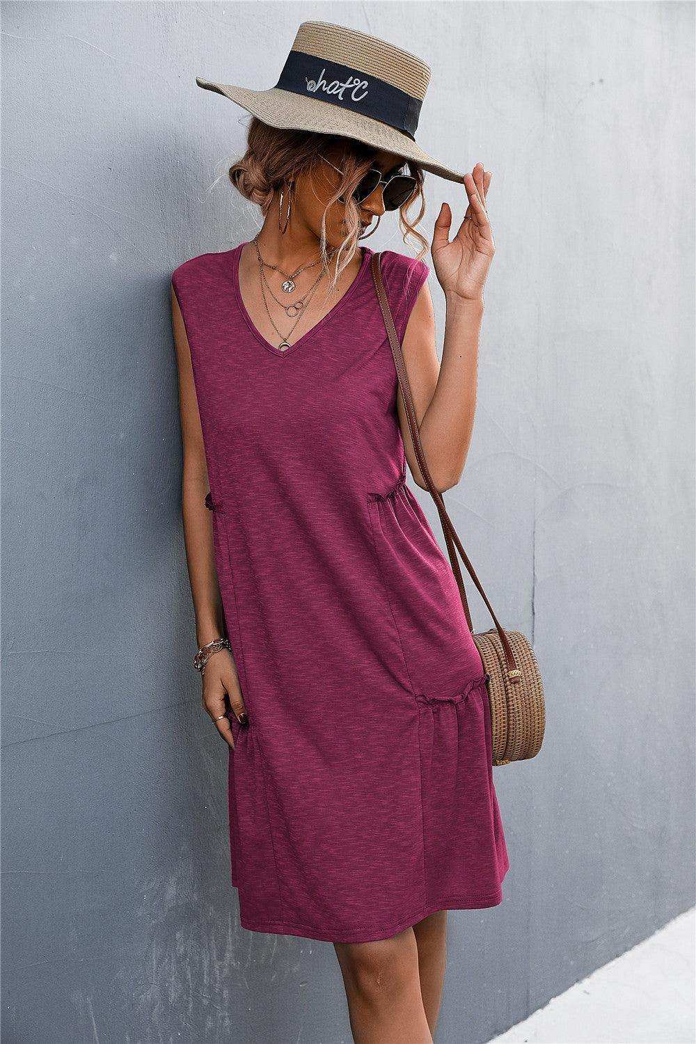 V-Neck Frill Trim Sleeveless Dress - Trendsi - Flyclothing LLC
