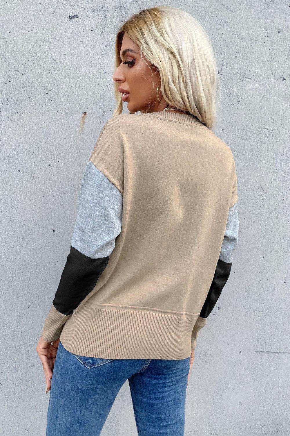Color Block Ribbed Trim Round Neck Knit Pullover - Trendsi - Flyclothing LLC