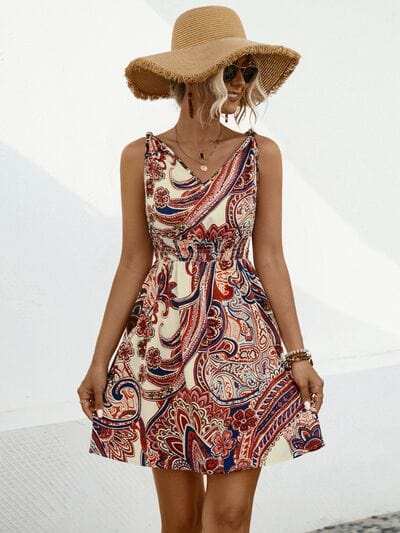 Smocked Printed V-Neck Mini Dress - Trendsi - Flyclothing LLC