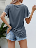 Pom-Pom Trim Flutter Sleeve Round Neck Tee - Trendsi - Flyclothing LLC