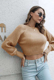 Cropped Round Neck Raglan Sleeve Ribbed Pullover Sweater - Trendsi - Flyclothing LLC