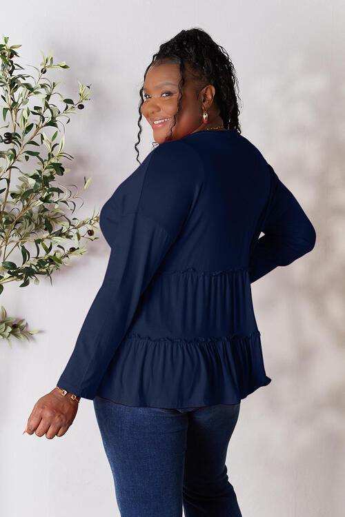 Double Take Half Button Long Sleeve Ruffle Hem Blouse - Trendsi - Flyclothing LLC