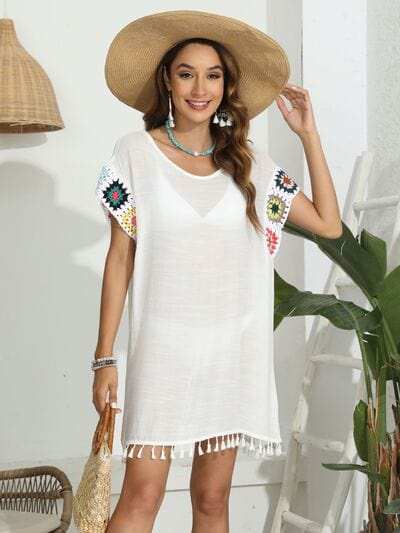 Tassel Boat Neck Flutter Sleeve Cover Up - Trendsi - Flyclothing LLC