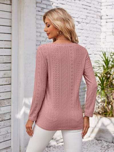 Decorative Button Openwork V-Neck T-Shirt - Trendsi - Flyclothing LLC