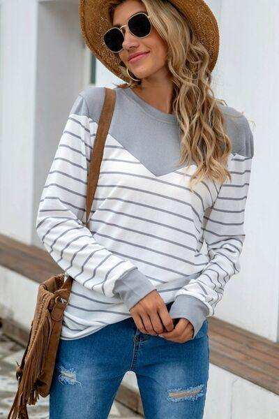Striped Round Neck Long Sleeve T-Shirt - Trendsi - Flyclothing LLC