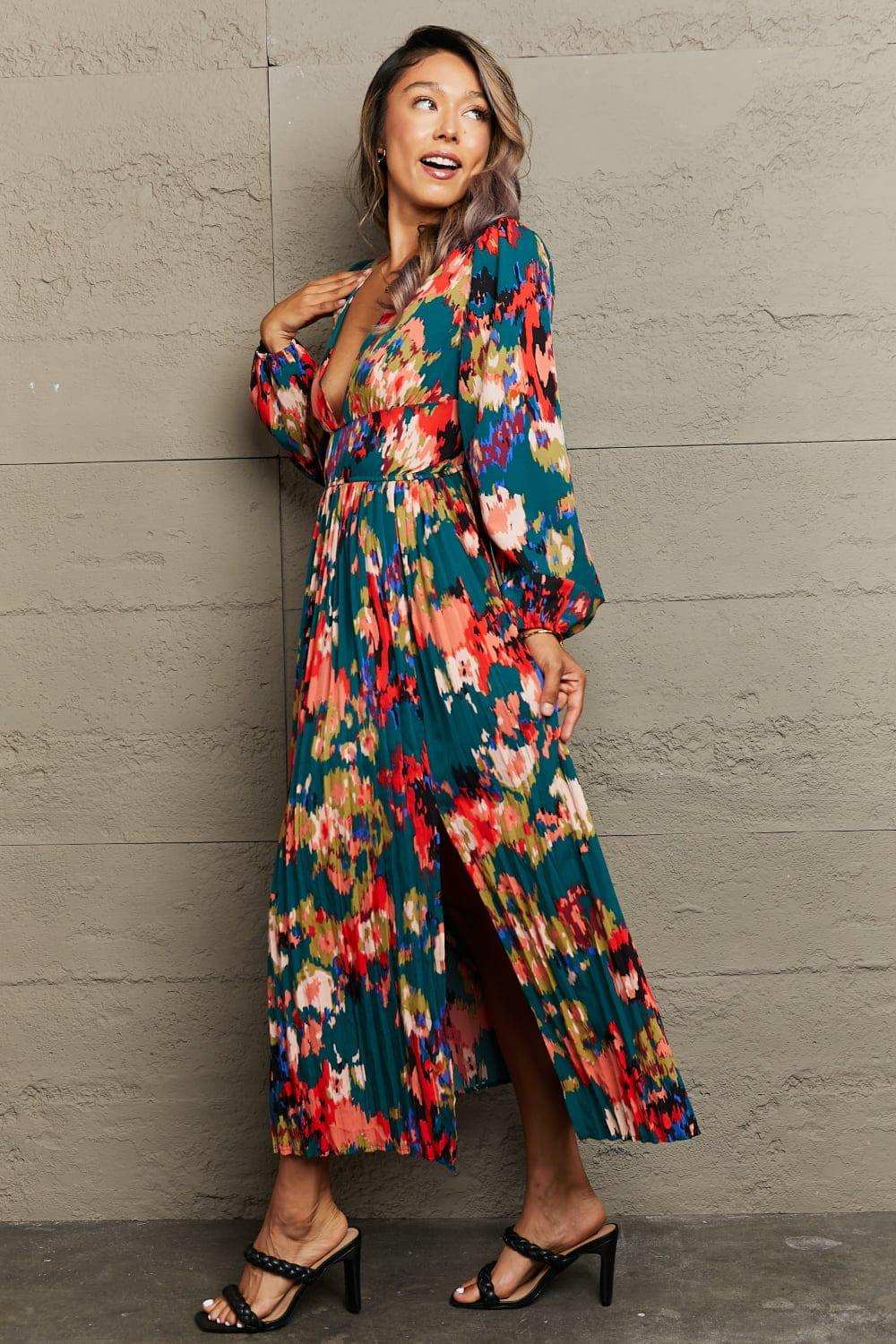 Printed Deep V Slit Pleated Dress - Trendsi - Flyclothing LLC