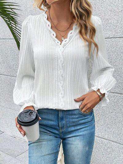 V-Neck Lace Detail Flounce Sleeve Blouse - Trendsi - Flyclothing LLC