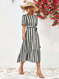 Striped Tie Belt Round Neck Puff Sleeve Dress - Trendsi - Flyclothing LLC