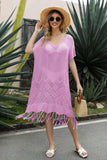 V-Neck Short Sleeve Fringe Hem Knit Dress - Trendsi - Flyclothing LLC
