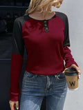 Contrast Buttoned Round Neck Raglan Sleeve Top - Trendsi - Flyclothing LLC