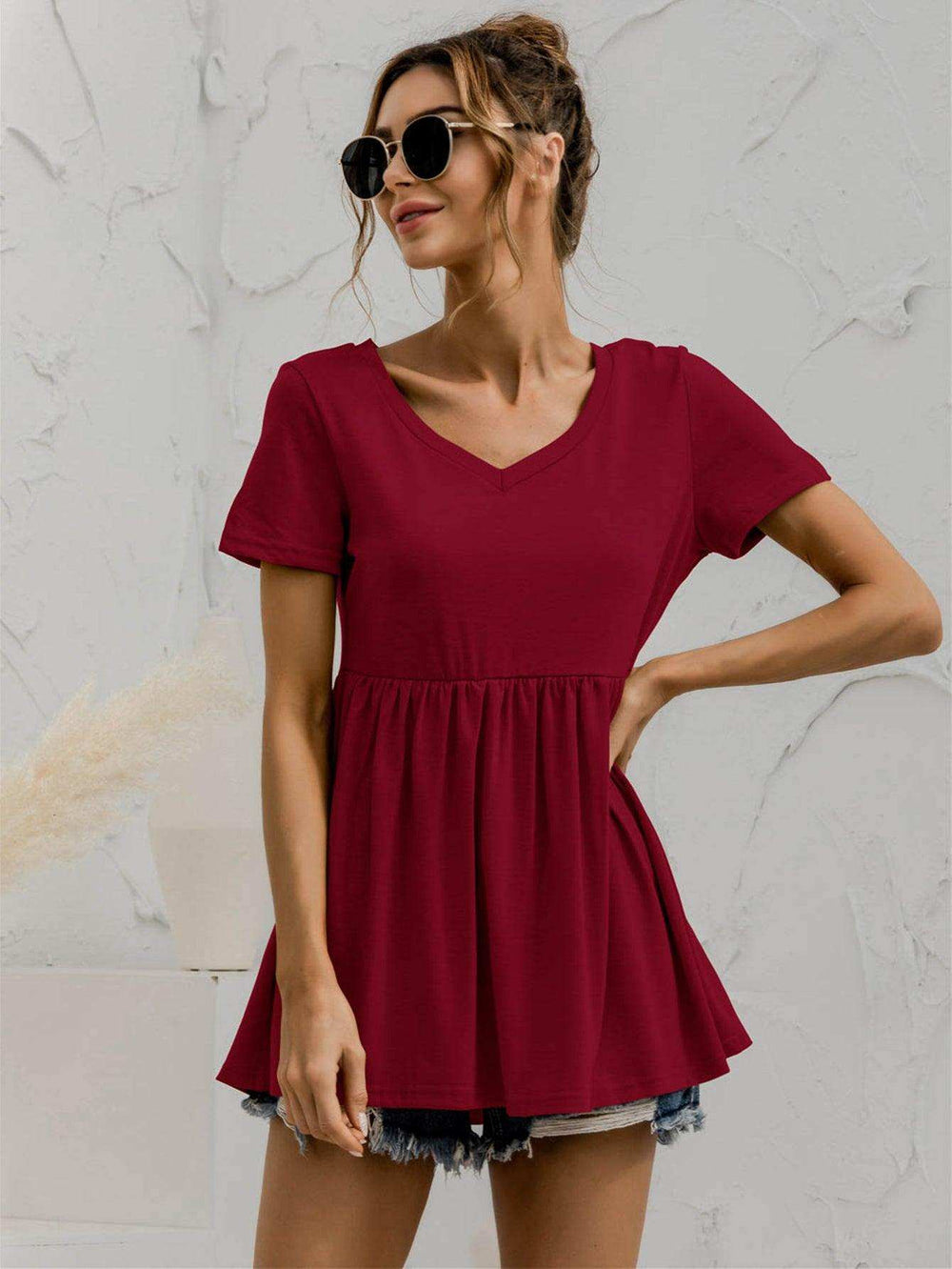 V-Neck Short Sleeve Babydoll Top - Trendsi - Flyclothing LLC