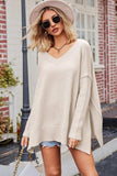 V-Neck Dropped Shoulder Ribbed Long Sleeve Sweater - Trendsi - Flyclothing LLC