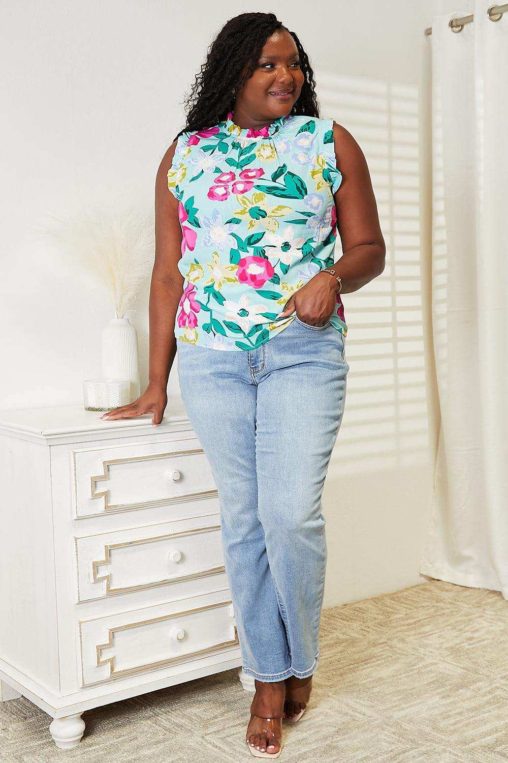 Double Take Floral Print Ruffle Shoulder Blouse - Trendsi - Flyclothing LLC