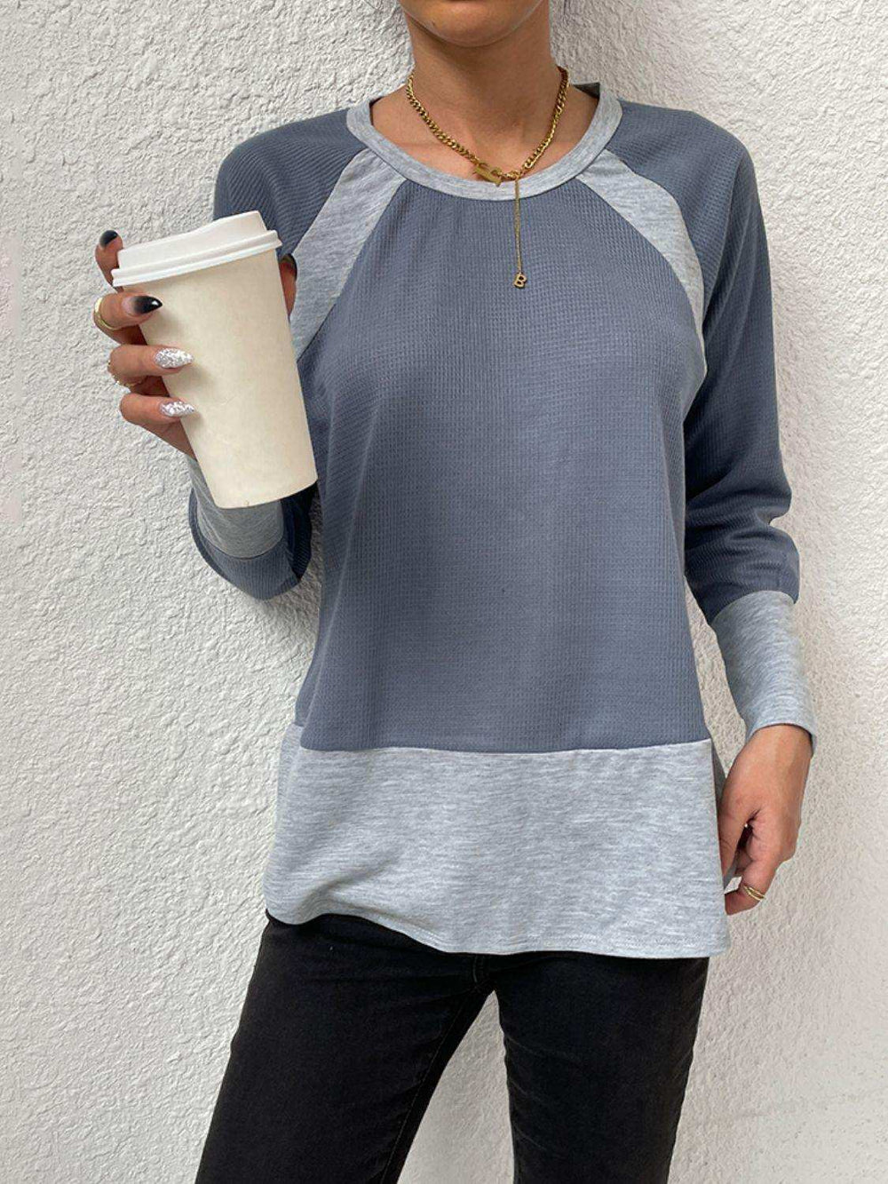Waffle-knit Round Neck Raglan Sleeve Tee - Trendsi - Flyclothing LLC