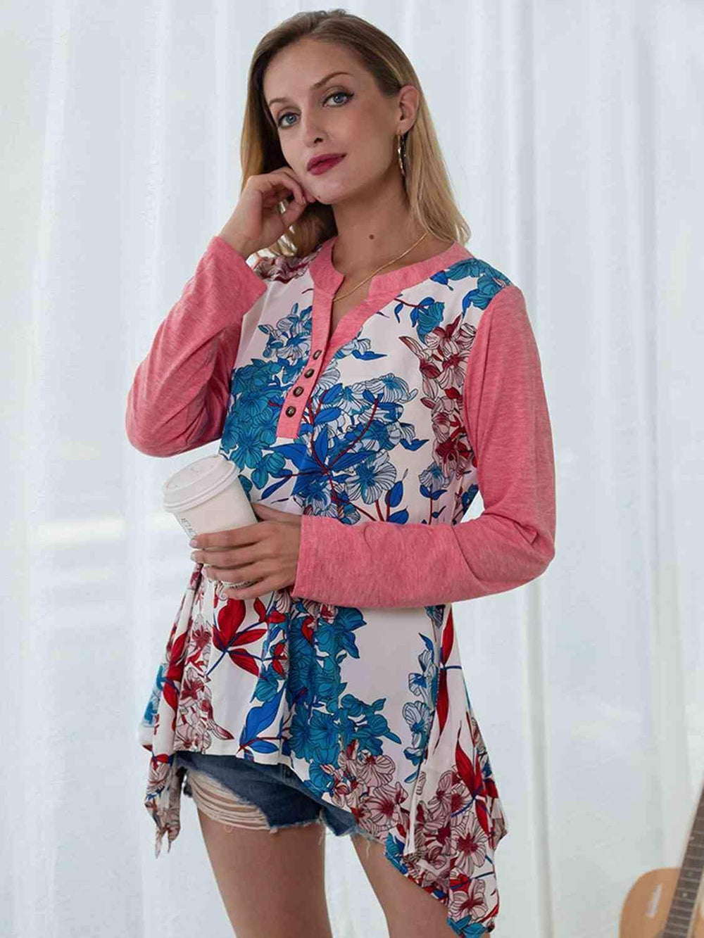 Full Size Floral Buttoned Notched Neck Top - Trendsi - Flyclothing LLC