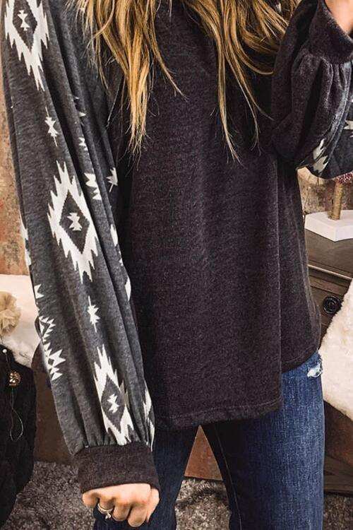 Geometric Round Neck Long Sleeve T-Shirt - Trendsi - Flyclothing LLC