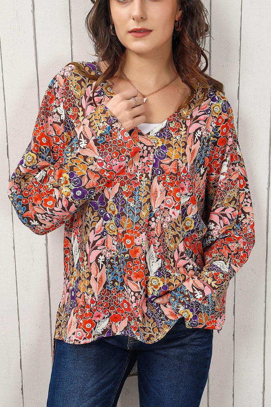 Floral V-Neck Long Sleeve Blouse - Trendsi - Flyclothing LLC