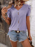 Eyelet V-Neck Petal Sleeve T-Shirt - Trendsi - Flyclothing LLC