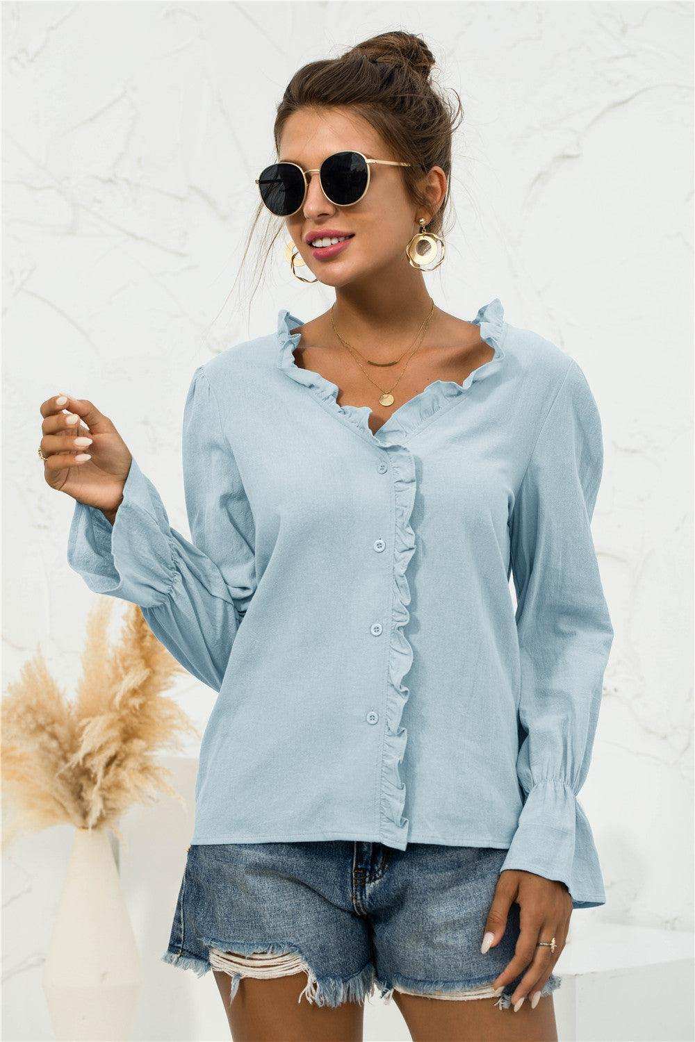 Frill Trim V-Neck Flounce Sleeve Shirt - Trendsi - Flyclothing LLC