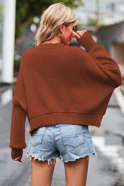 Round Neck Drop Shoulder Long Sleeve Sweater - Trendsi - Flyclothing LLC