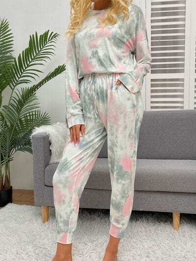 Tie-Dye Round Neck Top and Drawstring Pants Lounge Set - Trendsi - Flyclothing LLC