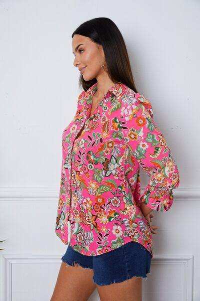 Floral Button Up Flounce Sleeve Shirt - Trendsi - Flyclothing LLC