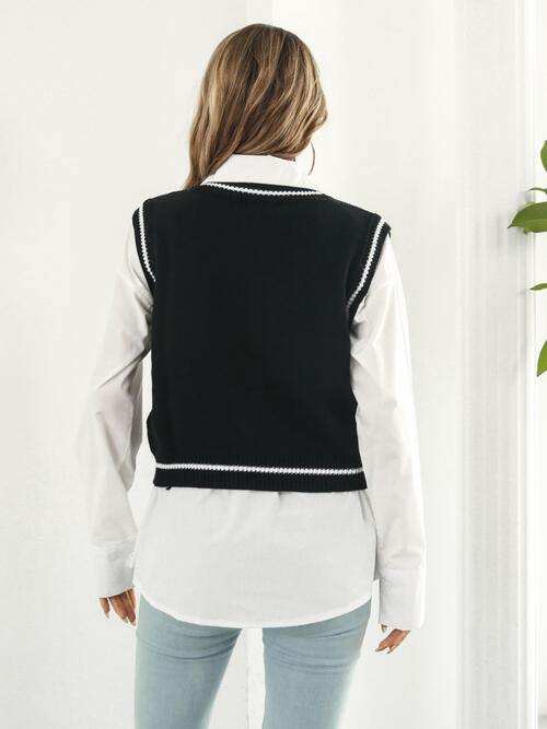 Skull Contrast V-Neck Sweater Vest - Trendsi - Flyclothing LLC