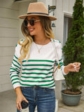 Round Neck Shoulder Button Striped Pullover Sweater - Trendsi - Flyclothing LLC