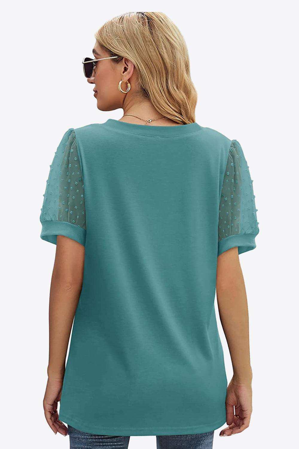 Swiss Dot Puff Sleeve V-Neck Tee - Trendsi - Flyclothing LLC