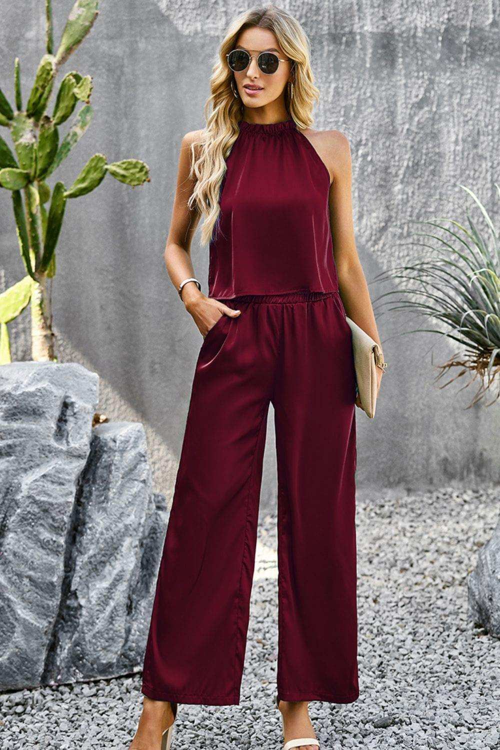 Grecian Neck Sleeveless Pocketed Top and Pants Set - Trendsi - Flyclothing LLC