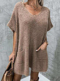 V-Neck Short Sleeve Sweater with Pockets - Trendsi - Flyclothing LLC