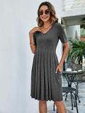 Pleated V-Neck Short Sleeve Tee Dress - Trendsi - Flyclothing LLC