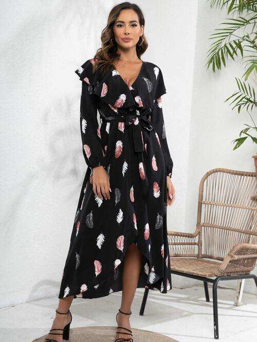 Printed Tie Front Ruffle Trim Long Sleeve Dress - Trendsi - Flyclothing LLC