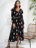Printed Tie Front Ruffle Trim Long Sleeve Dress - Trendsi - Flyclothing LLC