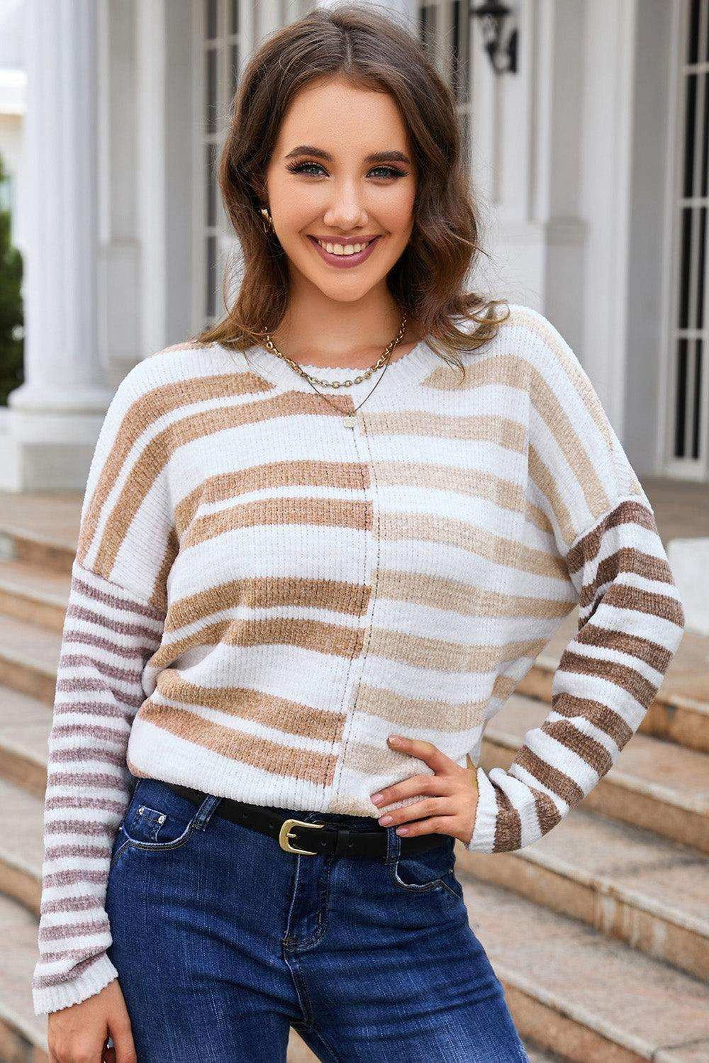 Striped Round Neck Dropped Shoulder Sweater - Trendsi - Flyclothing LLC
