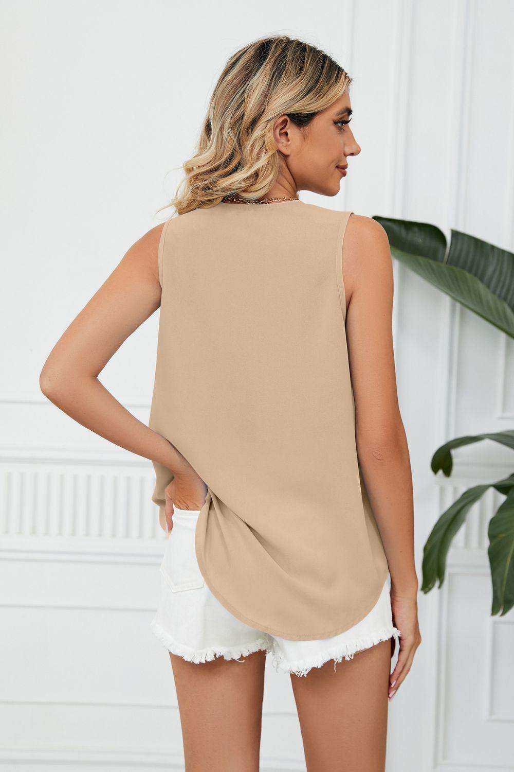 Contrast Trim Plunge Sleeveless Blouse - Trendsi - Flyclothing LLC