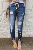 Drawstring Distressed Raw Hem Jeans with Pockets - Trendsi - Flyclothing LLC