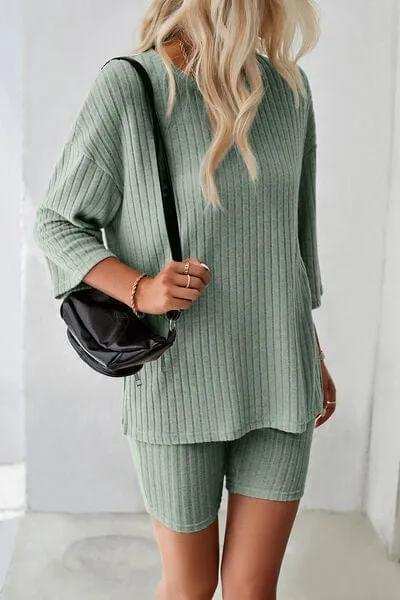 Ribbed Round Neck Top and Shorts Set - Trendsi - Flyclothing LLC